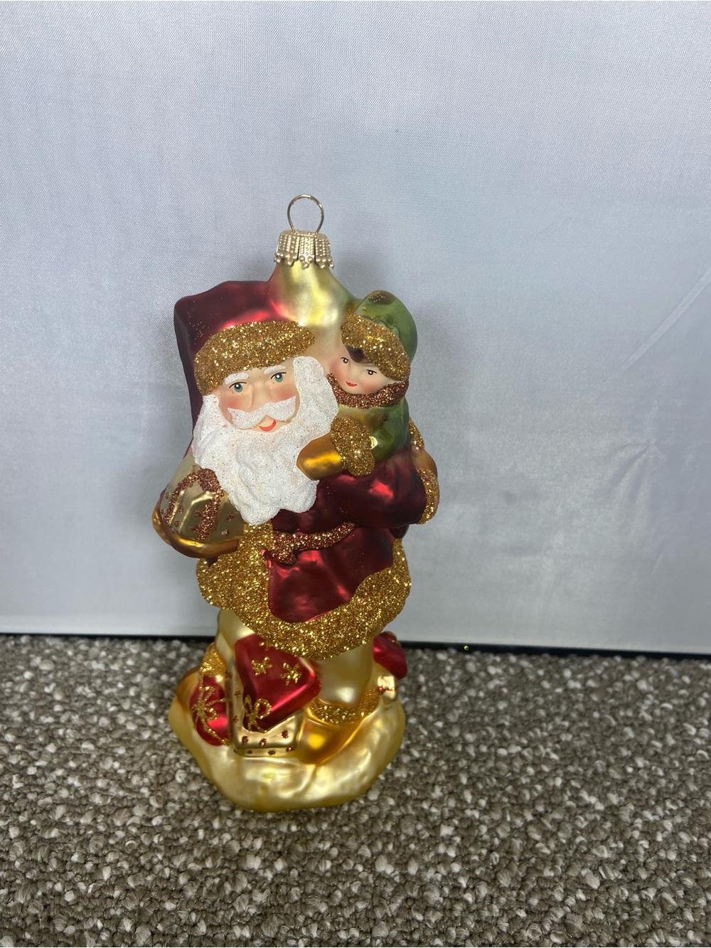 Red and Gold Santa with Child Glass Holiday Ornament Krebs Glass Lauscha .